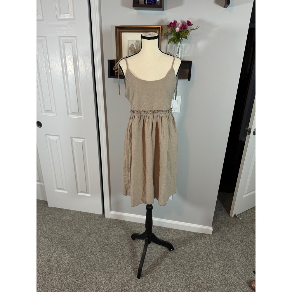 Commense Khaki Tan Cotton Linen Ruffle Waist Tie Strap Midi Dress Large NEW
